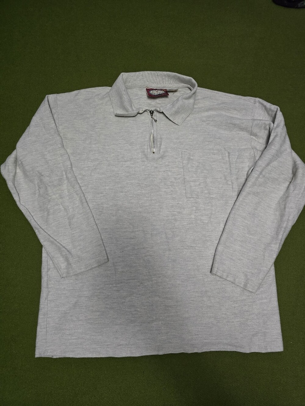 Vintage Men's Light Gray Long Sleeve Half-Zip Polo Shirt
